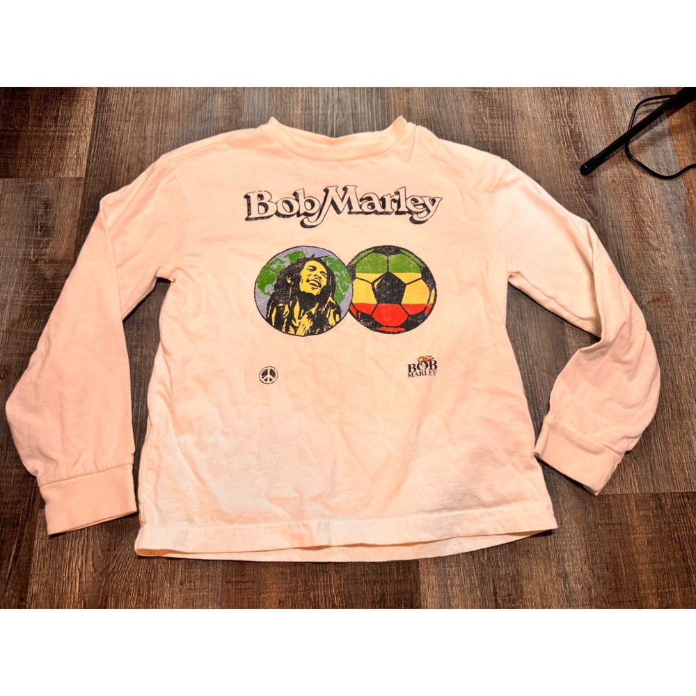 Gap Kids Bob Marley Long Sleeve Graphic T-Shirt Cream Rasta‎ Soccer Size M 8